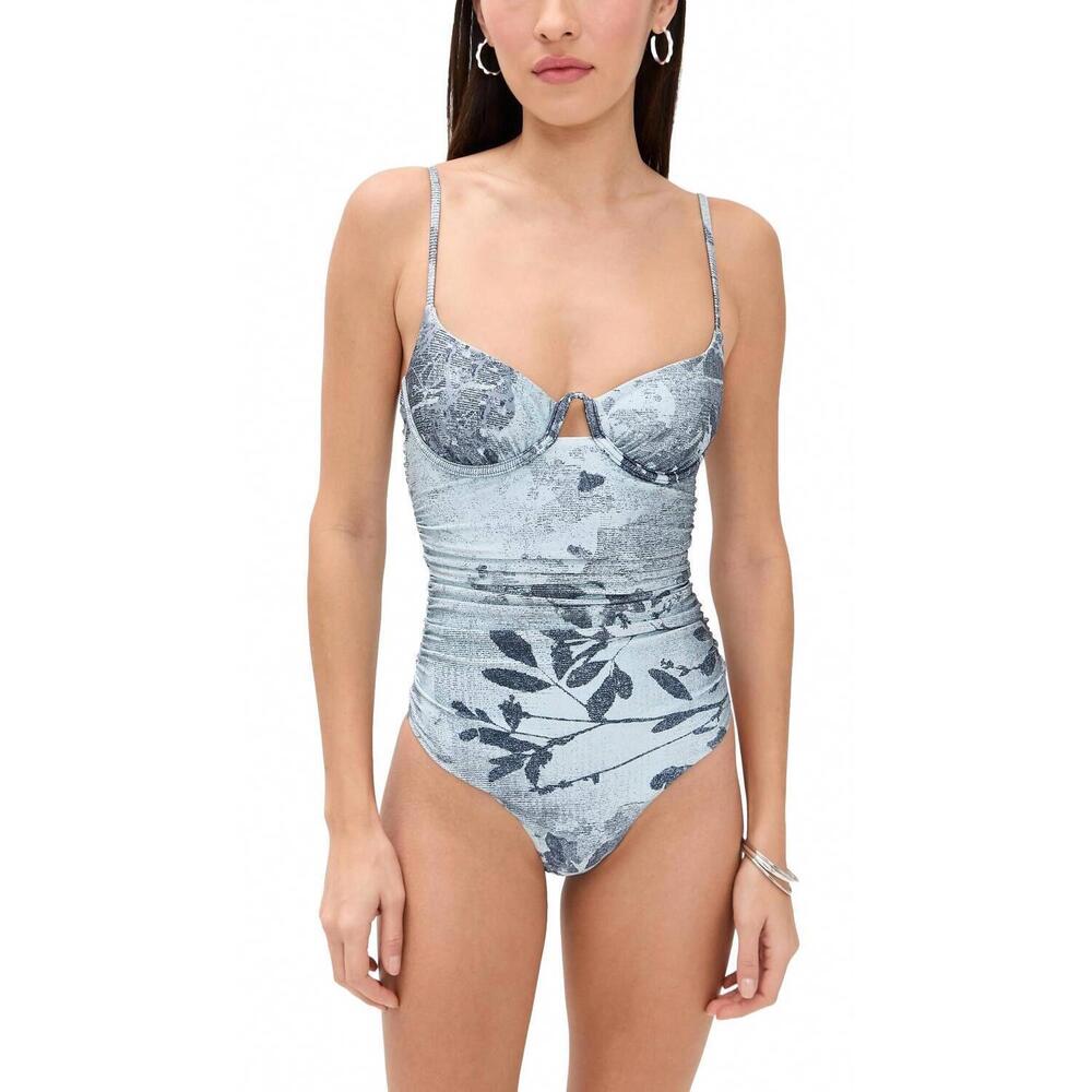 NEW SIMKHAI \laine ruched one piece swimsuit in sky floral